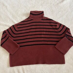 Gap 24/7 Split-Hem Stripe Turtleneck Sweater Women's M Burgandy Black Chunky